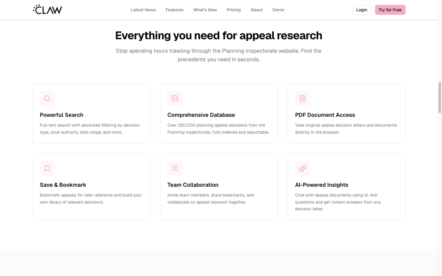 Claw's feature set: search, database, PDFs, bookmarks, collaboration and AI insights