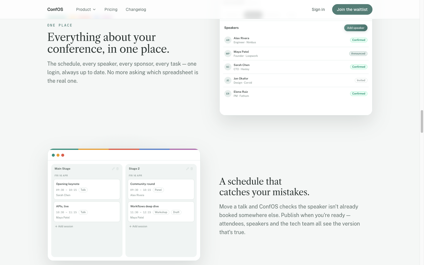 ConfOS speaker management and the schedule board with conflict detection