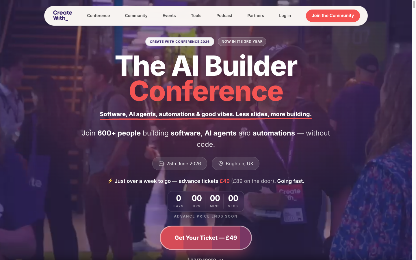 The AI Builder Conference 2026 site: 600+ builders in Brighton