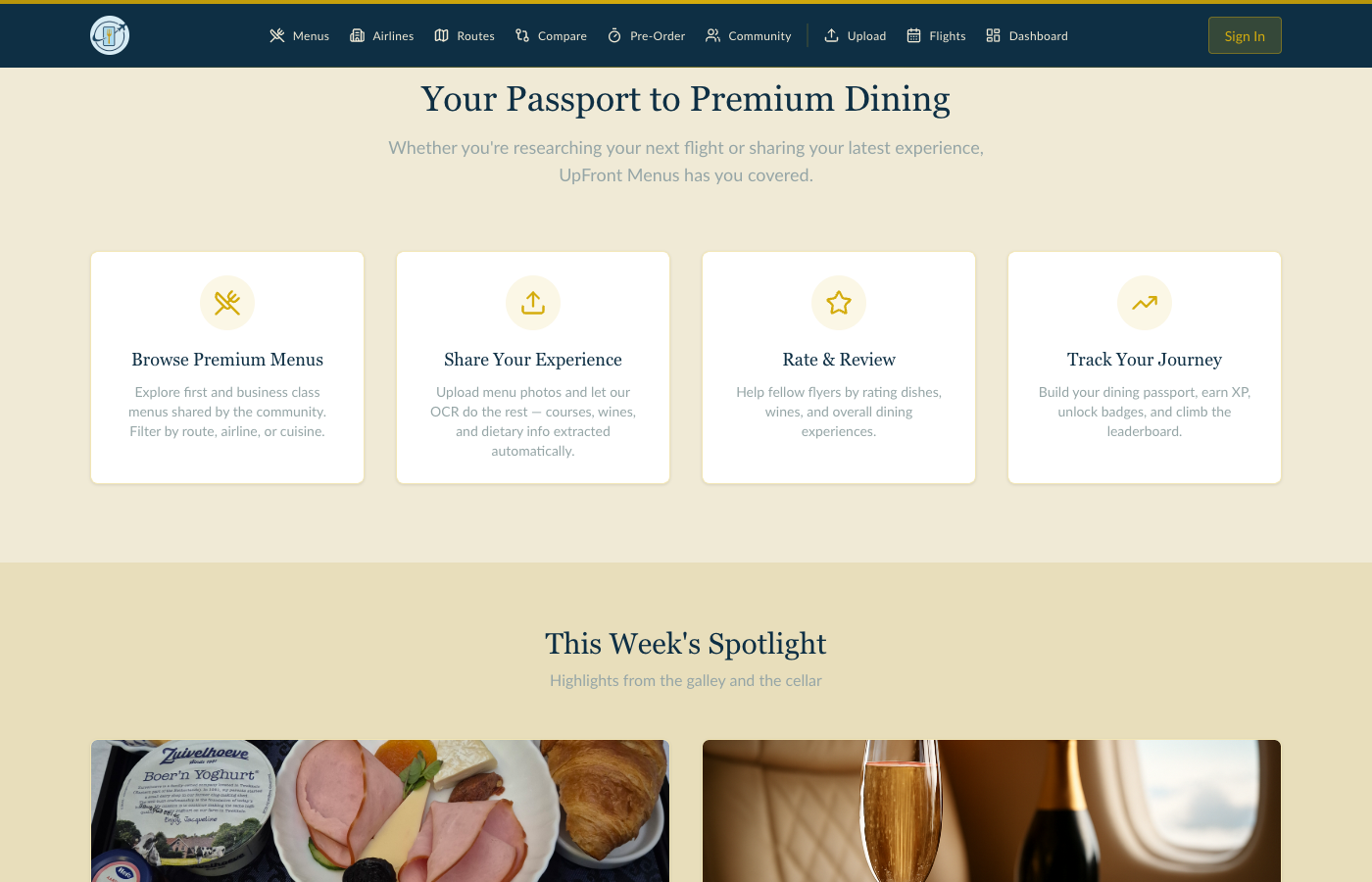 UpFront Menus features: browse premium menus, share your experience with AI menu reading, rate and review, and track your journey