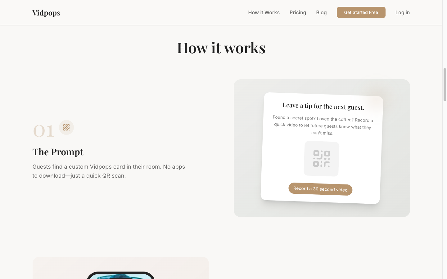How Vidpops works: guests scan a QR card and record a 30-second video